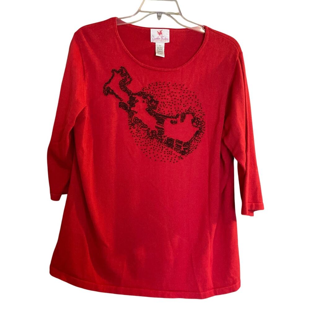 Quacker Factory Women's Size 1X Red Beaded Sleigh & Reindeer Christmas Sweater
